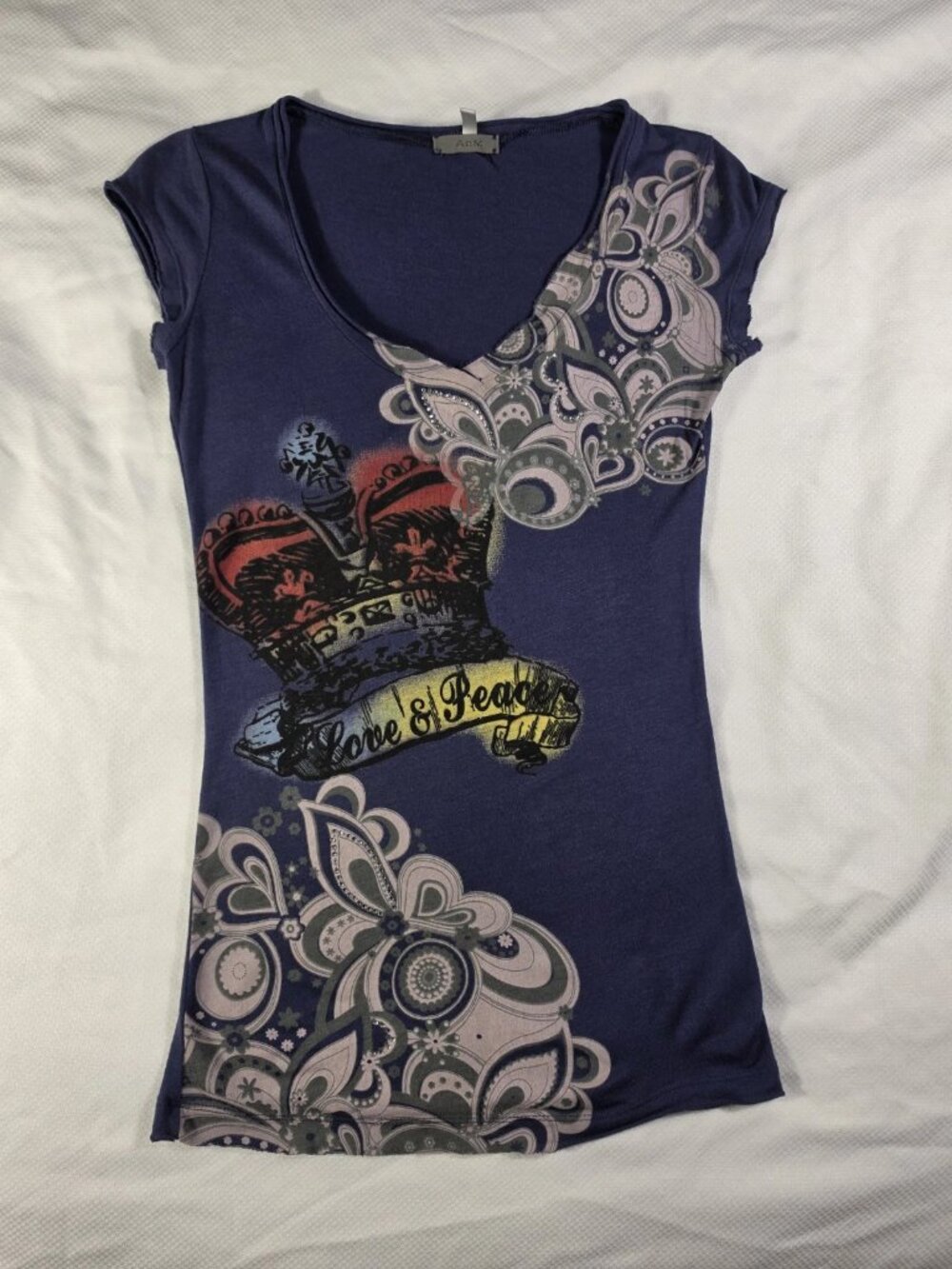 Vintage ANM Women’s S Blue V-Neck Short Sleeve Love & Peace Cotton Knit Graphic